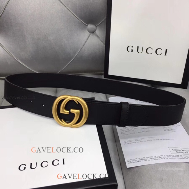 Gucci Men's Leather Belt Retro Gold GG Buckle Size 38mm